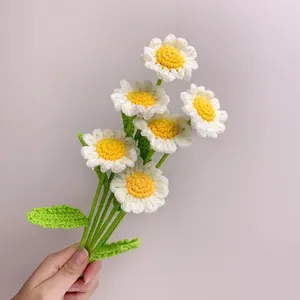 Dekorativa blommor daisy handvävd bukett virkning färdig kamomillull imitation bröllop hem bordsdekoration