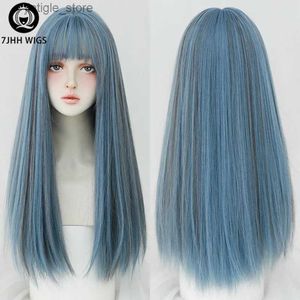 Synthetic Wigs 7JHH WIGS Long Straight Wigs With Bang For Women Omber Blue Synthetic Crochet Hair African American Favorite Female Full Wig Y240401