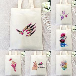 Väska kvinnor nagelkonst sminkar canvas tote grafiska shoppare påsar för ekokvinna återanvändbar shopping livsmedelsbutik