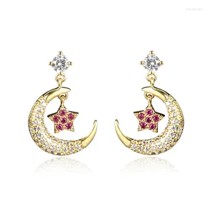 Dangle Earrings LADYCHIC 2024 Arrival Moon & Star Red Crystal Drop Gold Silver Color Shiny Jewelry For Women Gift LE1402