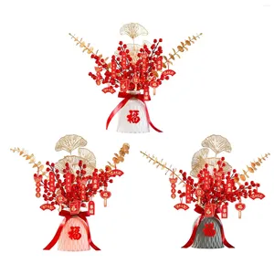 Flores decorativas vermelho ano chinês decoração sorte árvore artificial bagas ramos ornamento
