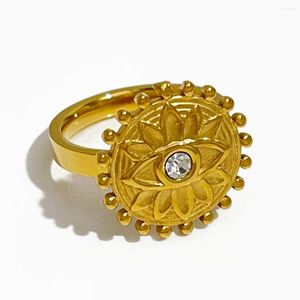 Cluster Rings Peri'sBox French Gold Color Rhinestone Eye Lotus Coin Ring For Women Stainless Steel Beaded Flower Signet Jewelry Bohemian