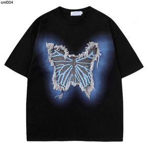 Short Sleeved T-shirt with Mens Trendy Design Internet Celebrity Butterfly Denim Patch Decoration Half Female Couple Ins Student Top {category}