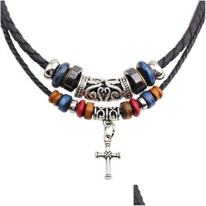 Pendanthalsband 2021 Retro Relin Cross Beaded Halsband Justerbar dubbelrotflätad lädersladdsmycken Punk Collier för Man Drop Dhamo