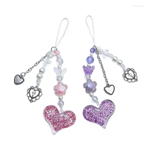Nyckelringar mode glitter hjärta pärla telefon charm rems nycklar hänger påse dekoration