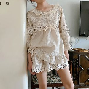 Summer Womens Flower Embroidery Linen Pyjama Set Topsshorts.Vintage Ladies Girls Pyjamas Set.Victorian Sleepwear Loungewear240401