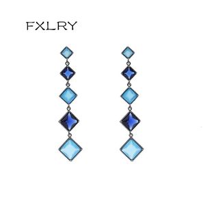 Fxlry Luxury Jewelry Crystal Geometric Shape Water Blue Inlaid Zircon Party Dangle Earrings for Women 240401
