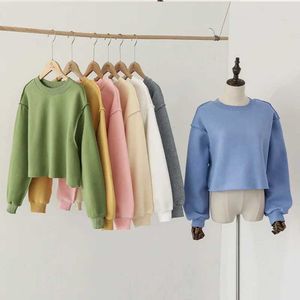 Women's Hoodies Sweatshirts 2023 New S-XL 13 Colors Solid Khaki Women Autumn Winter Casual Pullover Long Sleeve Loose Cropped Sweatshirt Female Crop Tops 240401