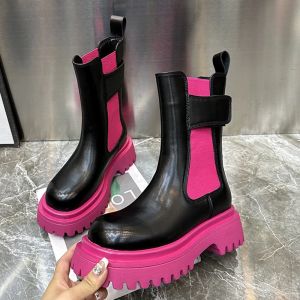 Сапоги женские коренастые платформы chelsea angle boots new осенняя смесь цвет толстые блинчики женская кожаная панк -панк -мотоциклевые туфли