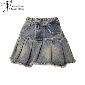 Womens sommar söt denim kort kjol hög midja burr kant skarvad casual a-line harajuku koreansk stil y2k mini veckad kjol 240321