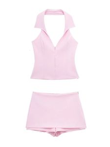 Traf 2024 Kvinnor Casual kjolar Shorts Set Chic Halter Shirt Neck Backless Top Shorts Sweet Pink Sexy Shorts Sets240401