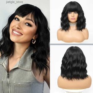 Synthetic Wigs Short Black Bob Wigs for Women Short Curly Wig with Bangs 14 Inch Curly Bob Wig Natural Looking Synthetic Daily Hair Wigs Heat R Y240401