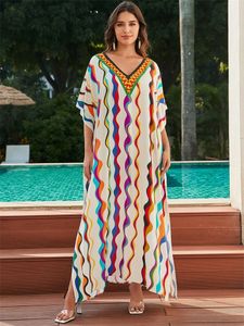 2024 Summer Womens Vneck Bohemian Long Dress Kaftan Vibrant Color Swimsuit Coverup House Robe Outfit Beach Dresses Q1594 240323