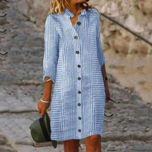 Casual Dresses Vintage Cotton Linen Shirt For Women 2024 Summer Half Sleeve Loose Lapel Dress Ladies Holiday Knee Length Robe