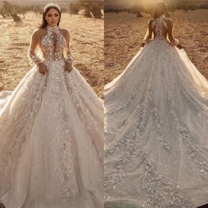 Classic Ball Gown Wedding Dresses 3D-Floral Appliques Lace Illusion Tulle Long Sleeves Zipper Chapel Gown Custom Made Bridal Plus Size Vestidos De Novia
