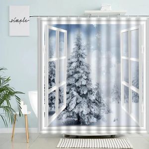 Cortinas de chuveiro inverno janela vista cortina floresta árvores neve cenário natural ano feliz natal decoração do banheiro com tela ganchos