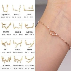 Chain Cardboard Star 12 Constellation Bracelet Crystal Charm Gold Chain Bracelet Womens Birthday Jewelry Gift Q240401