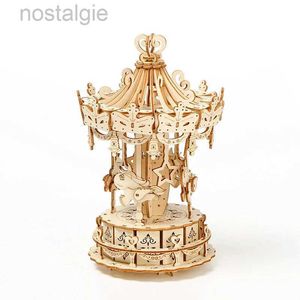 Blocks Carousel Model Jigsaw Puzzle Models Kit Home Decor Mechanical Gear DIY 3D Puzzle Toys for Adults Child Handmade Toys Wooden Mode 240401