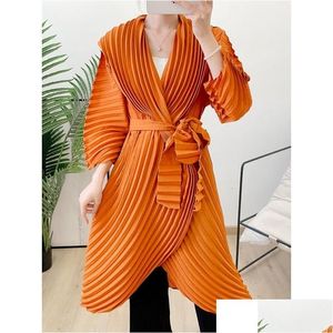 Womens Wool Blends Duosha Sold Color Pleated Trench Coat Women Open Stitch Bandage Irregar Midi-Length Autumn Fashion Lady Elegant 124 Dhceg