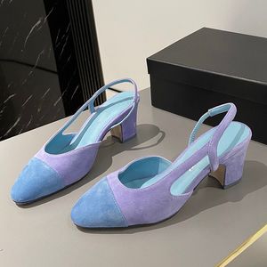 Suede Chunky Heels Sweet Slingback High Heel Shoes For Women Round Toe Patchwork Designer Sandales Femme