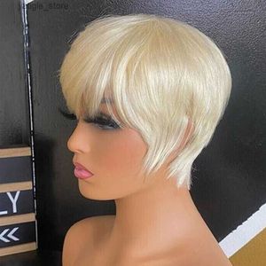 Synthetic Wigs #613 Blonde Color Glueless Wig Human Hair Wigs Blonde Human Hair Wig With Bangs Wigs For Women Remy Hair Short Straight Hair Y240401