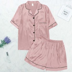 Seksowne piżamę Summer Kobiety Pajamas Silk Satin Satin Sets Sets Shirt krótkie rękawie Dwukłoniowe top piżamowy zestaw ścieżki domowej piżama pour femme 240330