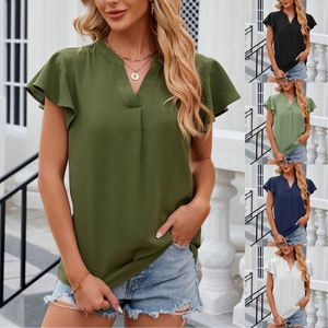 Kvinnors T -skjortor Summer Chiffon Solid Color Short Sleeve Shirt Elegant Female Tunic Topps Casual V Neck Loose Bluses