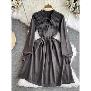 Casual Dresses 2024 Spring Autumn Women Knitting Dress Female A-Line Mid-Length V-Neck Lace-Up Lantern Sleeve Solid Color Knitted