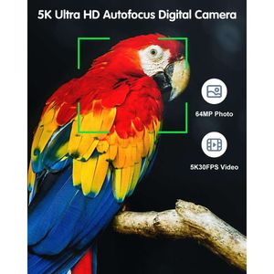 Fotos e vídeos impressionantes com nossa câmera digital 5K - câmera Vlogging com foco automático de 64 MP para YouTube, lente selfie, zoom óptico 5X, flash, tela sensível ao toque, anti-vibração, cartão de 64 GB