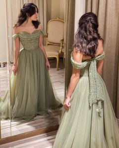 Sexy schultergrüne Perlenabendkleid für Frauen Hochzeit Gast Luxus Aline Sweep Zug formelle Partykleid 240401