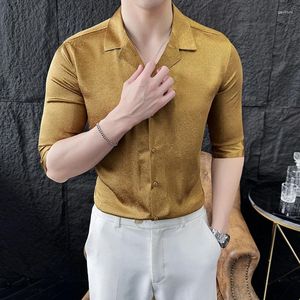 Camisas casuais masculinas camisa de ouro de luxo para homens meia manga magro ajuste terno colarinho masculino negócios formal vestido streetwear social topos