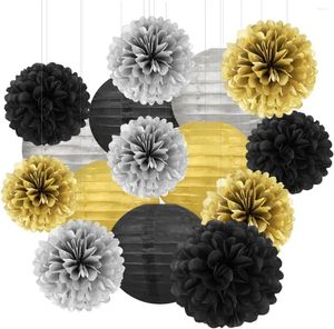 Partydekoration 15 Stück Papierblumen Seidenpapier Pom Poms Laternen für Abschlussfeier Hängende Dekoration Ruhestand Schwarz Silber Gold