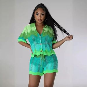 2024 Designer Tracksuits Knitting Outfits Summer Women Two Piece Sets Short Sleeve Shirt and Shorts Sportswear Solid Knitted Sweatsuits Wholesale Clothes