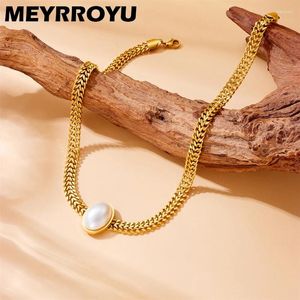 Choker MEYRROYU 316L Stainless Steel Short Clavicular Chain Pearl Inlay Fashion Grace Link Necklace Accessories Gifts For Women Girls