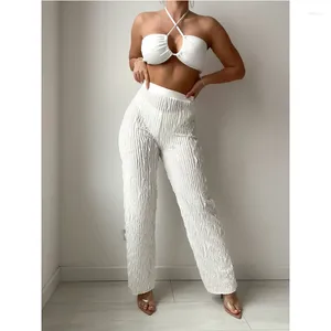 Calças de linha de roupa de banho feminina 3 peça maiô branco 2024 cor sólida cintura alta biquíni para mulher oco para fora halter praia maiô