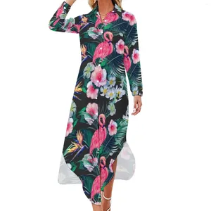 Vestidos casuais floresta palmeira folhas vestido floral e flamingo impressão estilo rua manga longa kawaii v pescoço tamanho grande chiffon