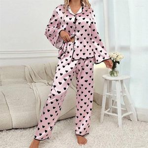 Home Clothing Heart Satin Pajama Set Women Valentines Day Clothes Single Breasted Long Sleeve Shirt And Pants Y2k Nightwear Sleepwear