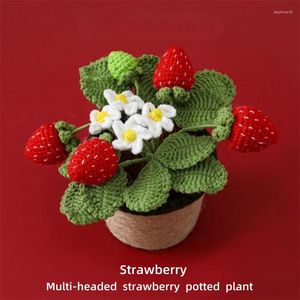 Dekorativa blommor virkade flerhuvudet Strawberry Rope Wool Poted 10cmx14cm Flowerpot 4 Röd sovrumsdekoration Simuleringsblomma