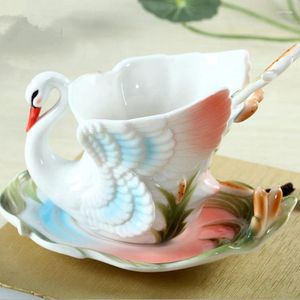 Copos pires cisne branco xícara de chá com pires colher conjunto 3d cerâmica flor xícara de chá térmico café da manhã canecas natal brithaday presente