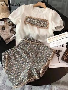 Women's Tracksuits Women Two-Piece Sets 2024 Summer Beaded Letters Round Neck Short Sleeve T-shirt High Waist Tassel Wide Leg Pants Outfits