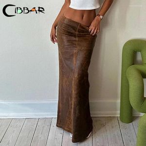 Röcke CIBBAR Vintage Brauner Lederrock mit Schlitz Frauen Elegant Low Rise Slim Long PU 2024 Herbst Winter Outfits Y2k Ästhetik