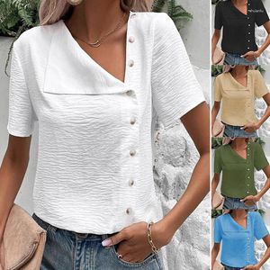 Women's Blouses 2024 Summer Loose Women Blouse Shirt Retro Buttons V Neck Fashion Korean Short Sleeve T-shirt Weekend Basic Tops Tee