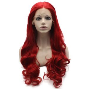Peruklar uzun dalgalı el bağlı dantel ön sentetik saç kırmızı parti peruk