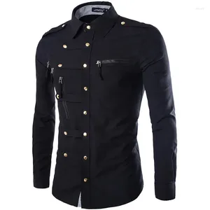 Men's Casual Shirts Spring Autumn Men Long Sleeve Square Collar Cargo Shirt Mens Fashion Zippers Slim Fit Solid Color Dress Man