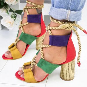 Boots New Women Sandals Lace Up Summer Shoes Woman Heels Sandals Pointed Fish Mouth Gladiator Sandals Woman Pumps Hemp Rope High Heels