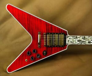 Редкий огнемет Flying V Ultima Fire Tiger Cherry Flame Maple Top Электрогитара Белый перламутр Abalone Flame Inlay 3 Humbuc9058365