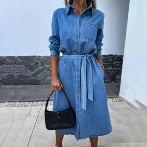 Casual Dresses 2024 Spring Turn-down Collar Button Long Dress Women Elegant Solid Imitation Denim Autumn Sleeve Belted Office