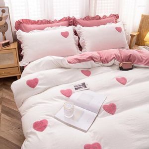Conjuntos de cama Coreano Ins Bonito Rosa Conjunto Ruffle Fronha Algodão Lençóis Lisos Simples Menina Princesa Estilo Fitted Sheet