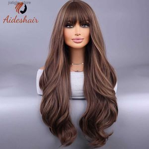 Синтетические парики парики Bangsbrown Curly Hair Wig с челкой Натуральная реалистичная полная крышка головы Y240401