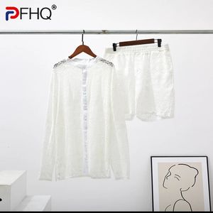 PFHQ Summer Hollow Out Sexy Spets Shorts Shirt Set Mens Fashion Suit Clothes Trendy Elegant Beach 240321